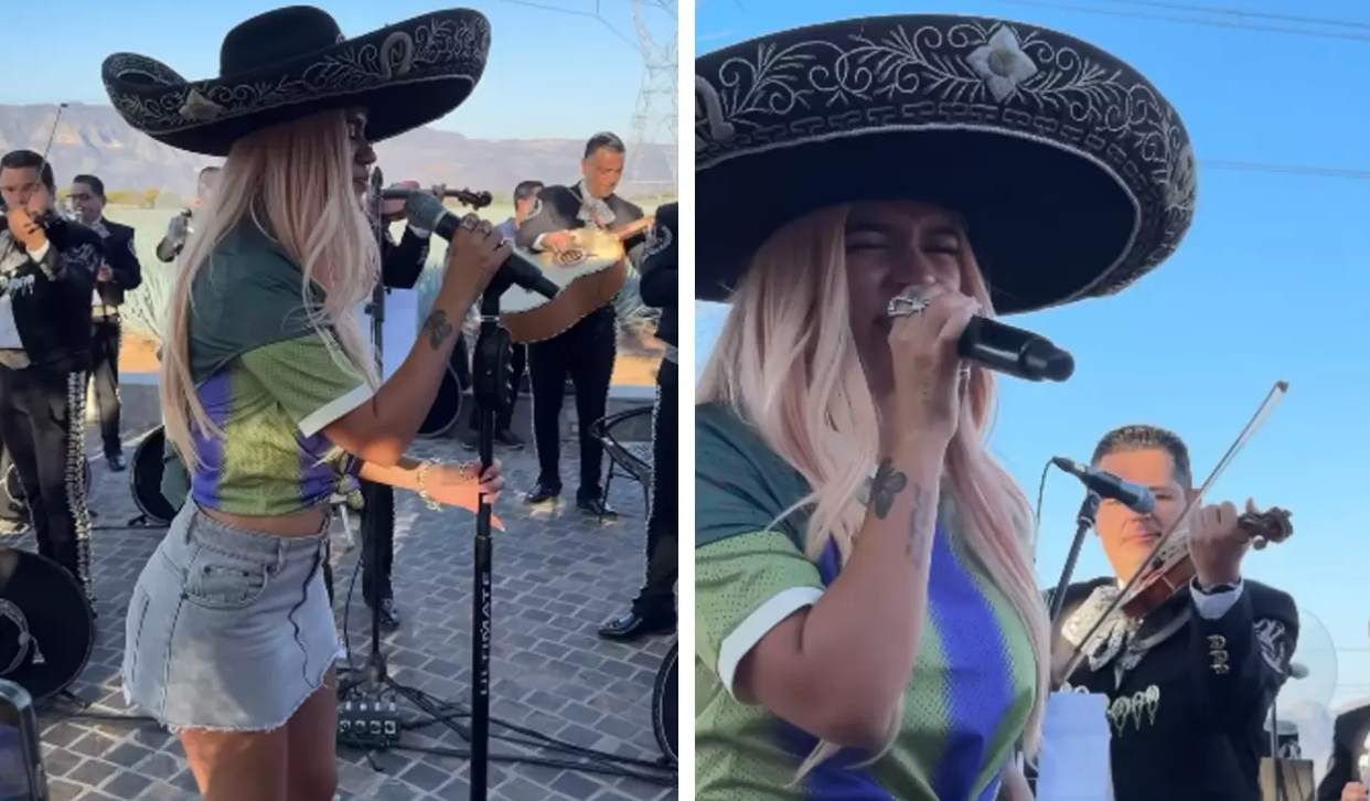 Karol G appears at a plaza in Mexico and sings with a Mariachi band